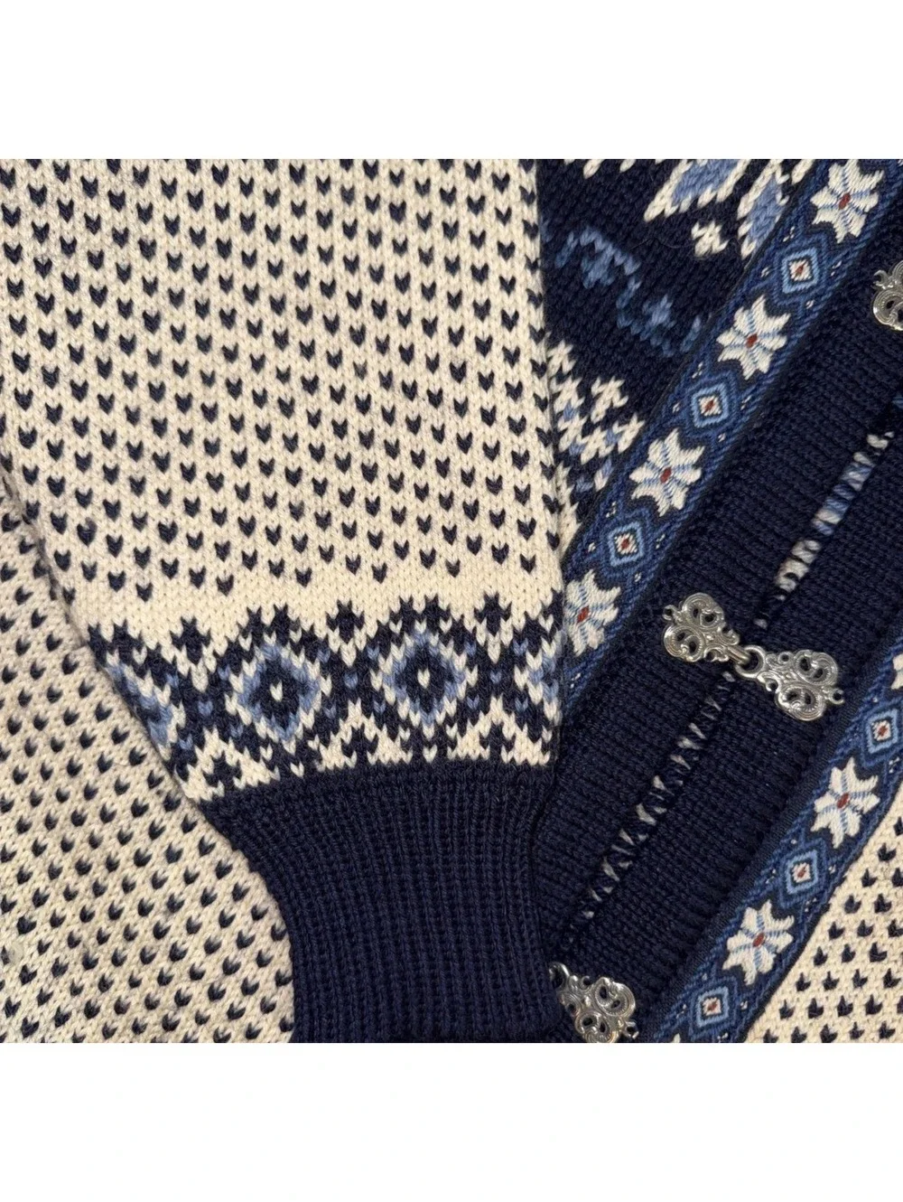 Dale of Norway Wool Nordic Cardigan Sweater Blue Cream Clasps NWOT M